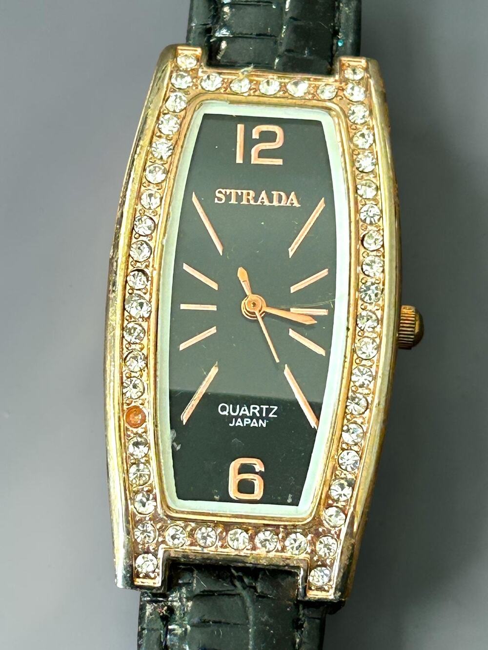 Strada Watch Women Black Tonneau Dial Crystal Bezel 18K Rose Gold Plated Working